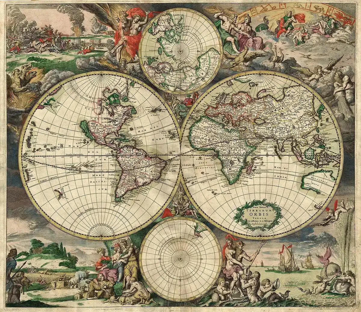 Wereldkaart 1689, gravure